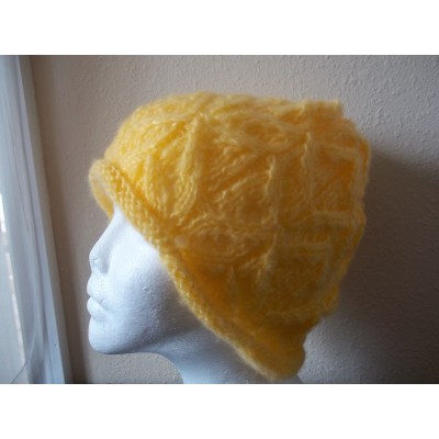 Hand knitted elegant lace pattern beanie/hat  yellow  eb-32662186